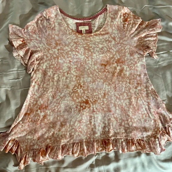 Cupio Women's Peach White Lavender Floral Ruffle Sleeve & Hem Pullover Top Large - Picture 8 of 11